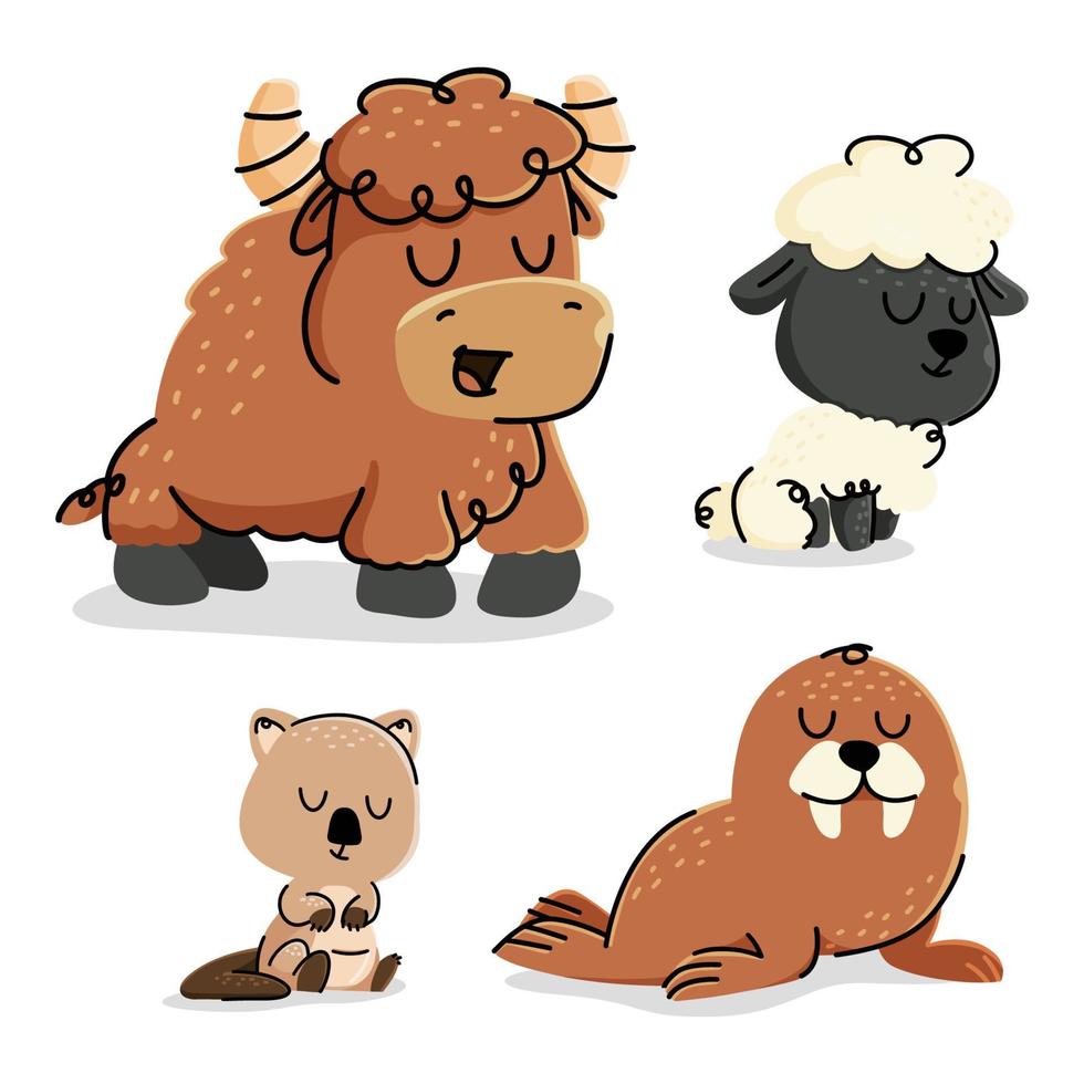 reeks van schattig tekenfilm dieren vector illustratie. jak, quokka, walrus, schapen