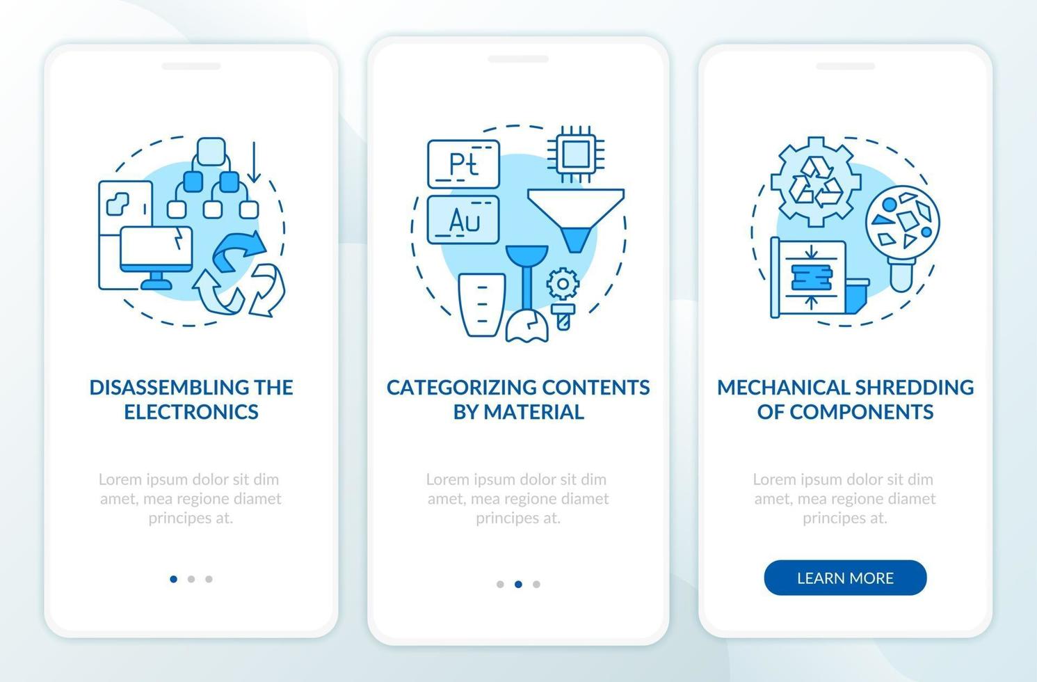 Stappen voor het verwijderen van e-afval op het scherm van de mobiele app-pagina met concepten vector