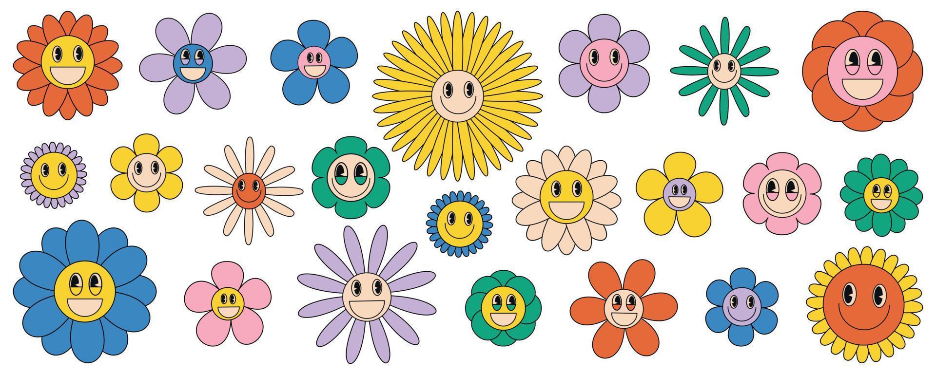 reeks groovy madeliefje bloemen. retro bloemen met een gezicht glimlach in de tekenfilm stijl van de jaren 70. een reeks van stickers. glimlachen in een tekenfilm stijl. vector