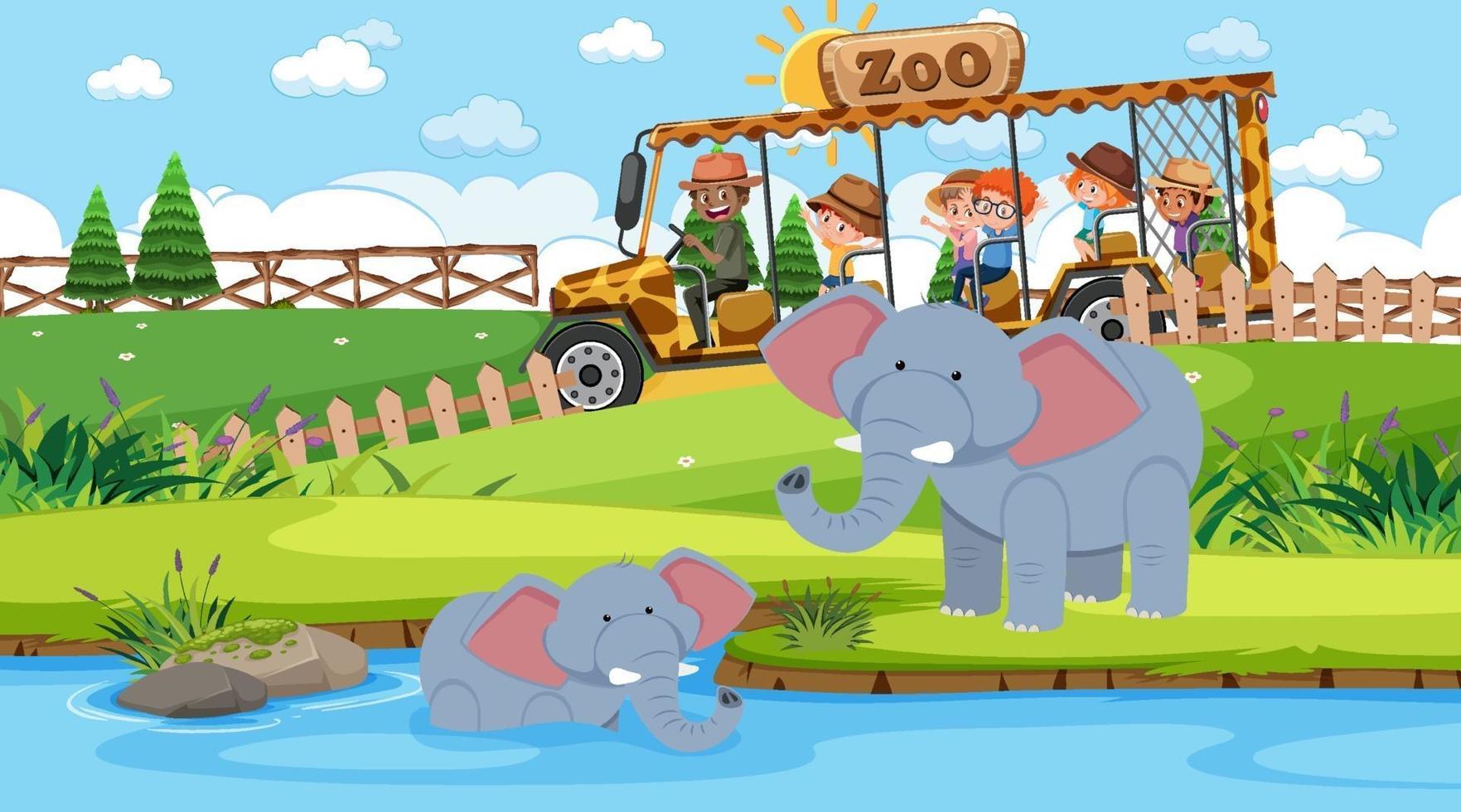 safari overdag met veel kinderen die naar olifanten kijken vector