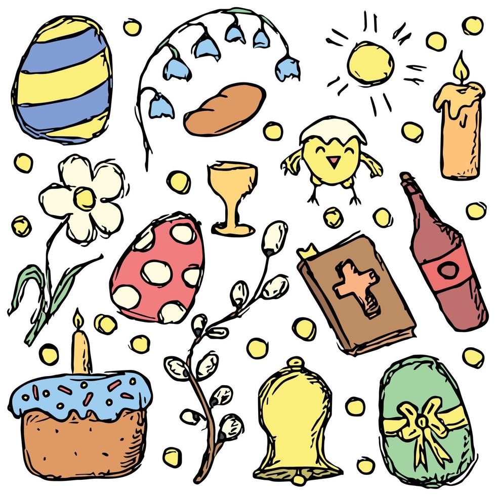 Pasen pictogrammen. Pasen achtergrond met Pasen ei, kip, wijn, bloemen, Pasen taart vector