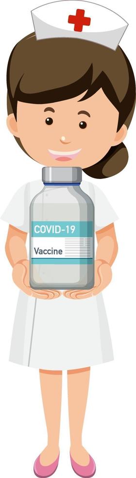 stripfiguur van een verpleegster die een covid19-vaccinfles houdt vector