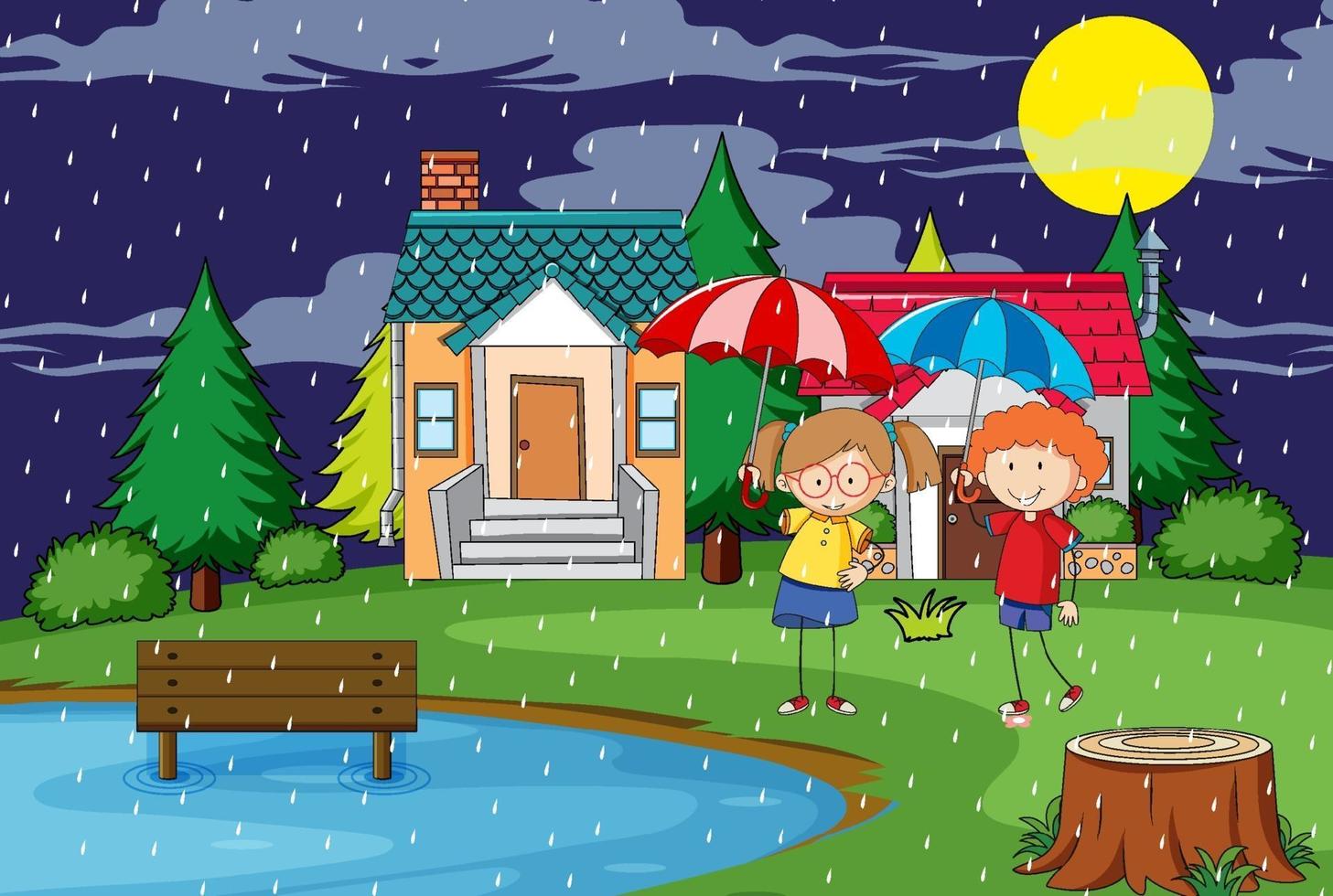 buitenscène 's nachts met twee kinderen met paraplu vector