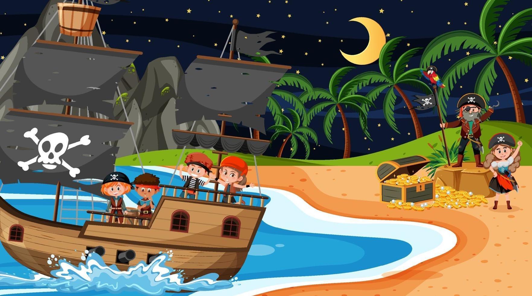 Treasure Island-scène 's nachts met piratenkinderen op het schip vector