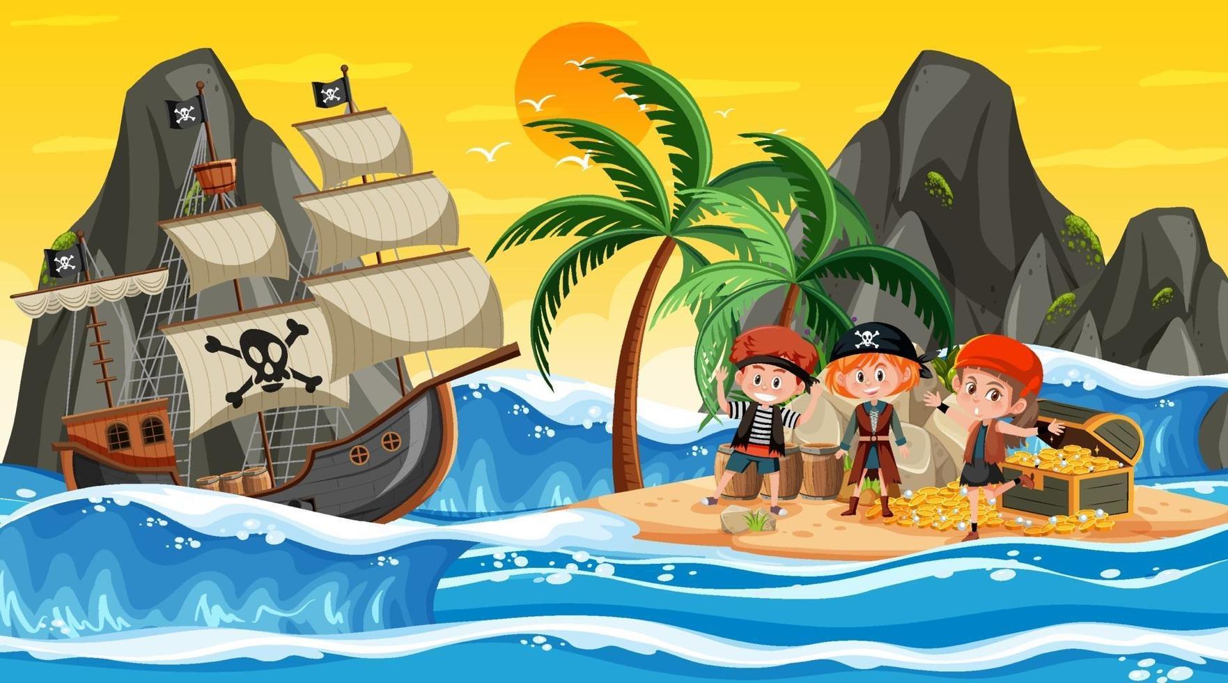 Treasure Island-scène in zonsondergangtijd met piratenkinderen vector