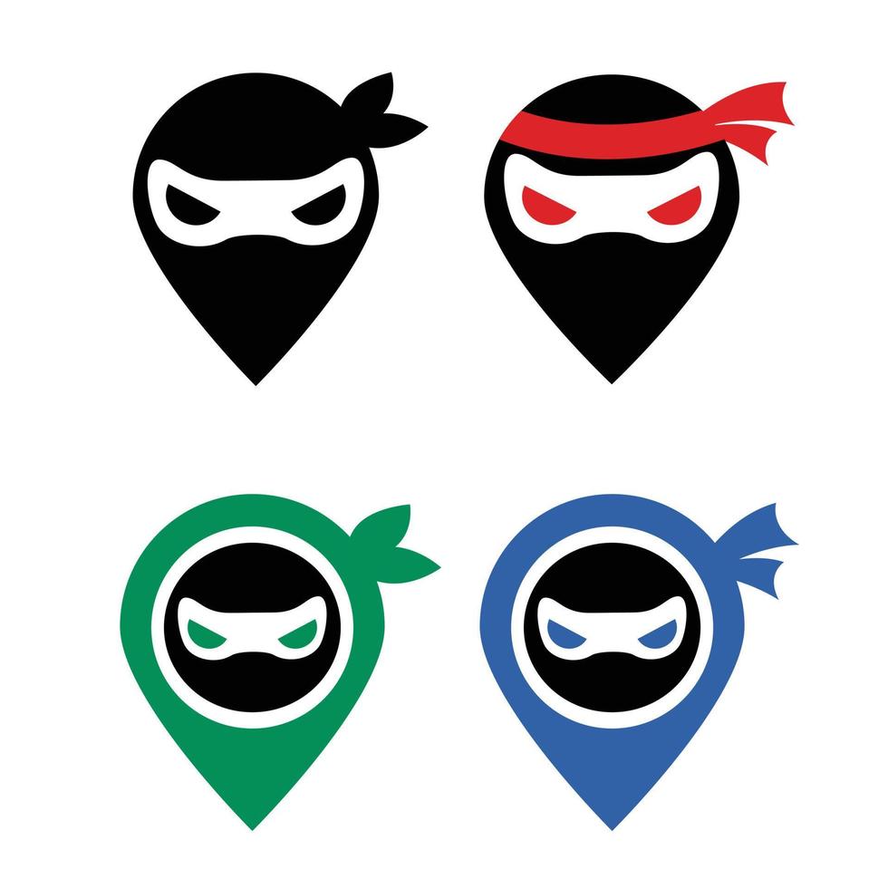 modern vector vlak ontwerp gemakkelijk minimalistische logo sjabloon van Ninja pin punt vinder mascotte karakter vector verzameling voor merk, embleem, label, kenteken. geïsoleerd Aan wit achtergrond.