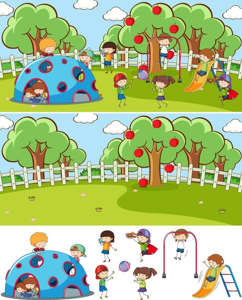 speeltuin scène set met veel kinderen doodle stripfiguur geïsoleerd vector