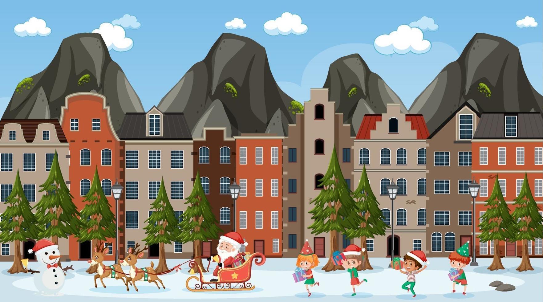 kerstseizoen thema met santa en veel kinderen die op de weg lopen vector