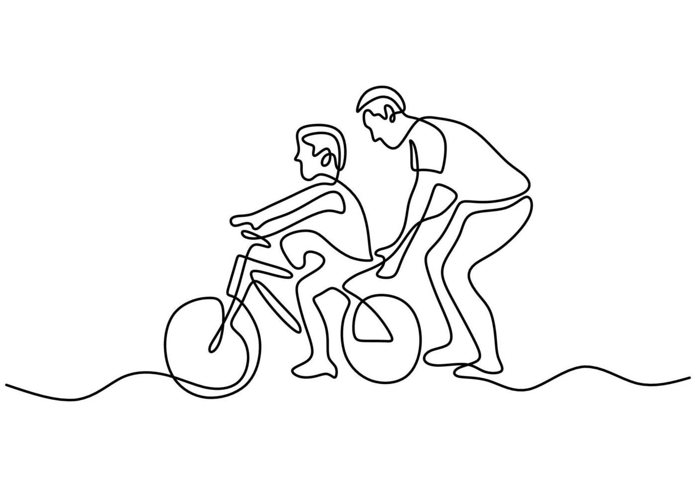 continu een enkele lijntekening van de jonge vader die zijn zoon helpt samen te leren fietsen in het veld. gelukkig ouderschap concept. karakter vader leert zijn zoon fietsen vector