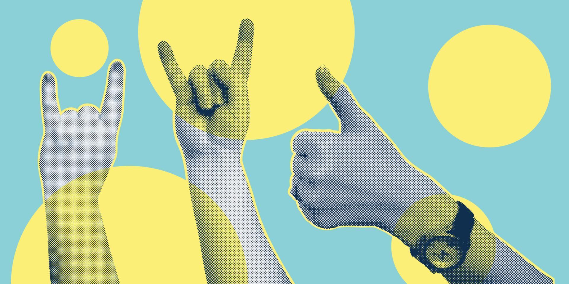 modieus collage met hand- gebaren, uitknippen vormen symbool winnen, Leuk vinden, punk. grunge halftone retro banier poster ontwerp. concept van protest, confrontatie, strijd, staking, zege. vector illustratie