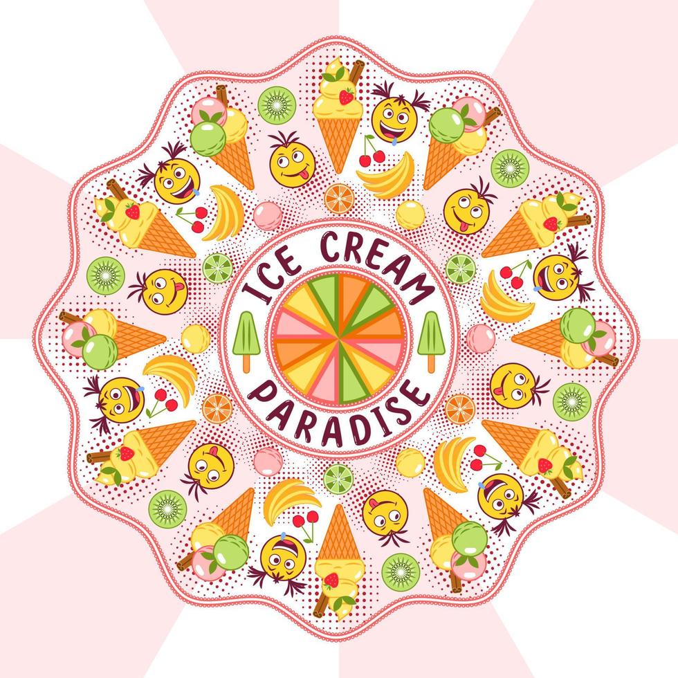 ronde ornament met ijs room, fruit, gek emoji kinderen, ronde halftone vormen, tekst ijs room paradijs. radiaal achtergrond achter. gemakkelijk minimaal stijl. voor afdrukken, kleding, oppervlakte ontwerp vector