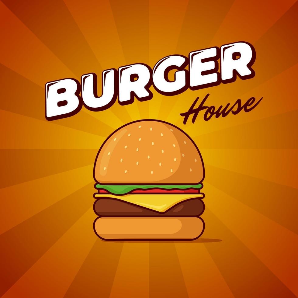 Hamburger huis fastfood maaltijd reclame poster met stralen en belettering inscriptie. heerlijke hamburger of cheeseburger promotionele banner ontwerpsjabloon. vectorillustratie voor restaurantmenu vector