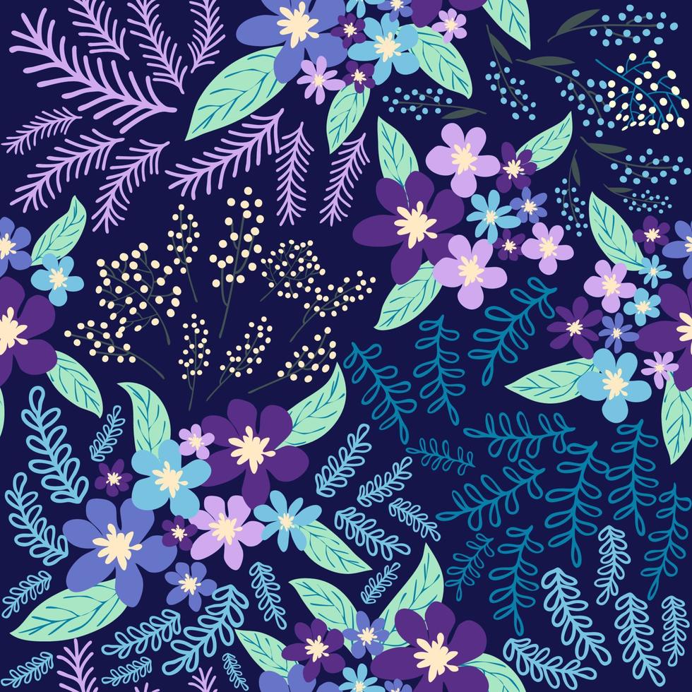 fantasie naadloos bloemen patroon met blauw, azuur, tsman, lavendel bloemen en bladeren. elegant sjabloon voor mode vector