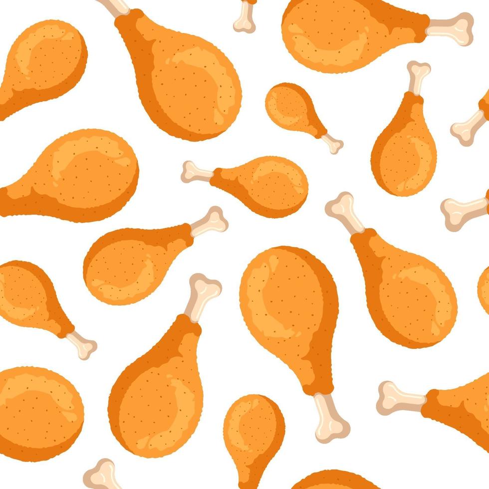 gebakken krokante kippenpoten naadloos patroon. geïsoleerde cartoon fastfood drumsticks koken textuur platte vector illustratie