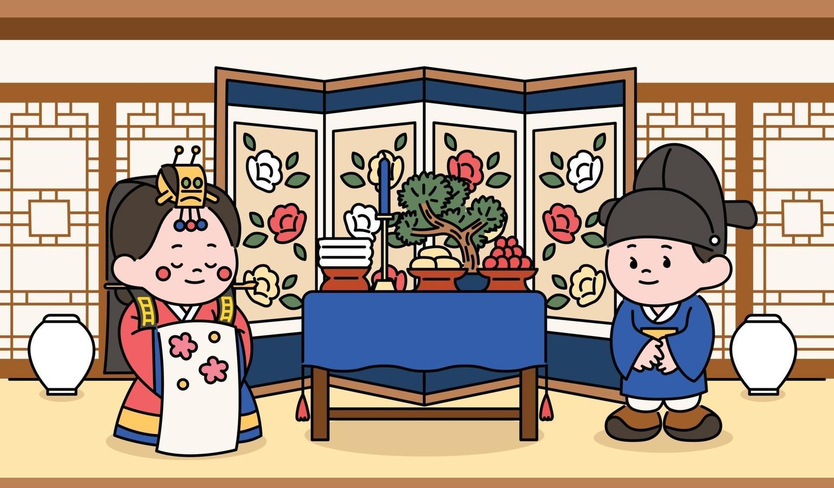 bruid en bruidegom karakters die een traditionele Koreaanse huwelijksceremonie vieren. hand getrokken stijl vector ontwerp illustraties.