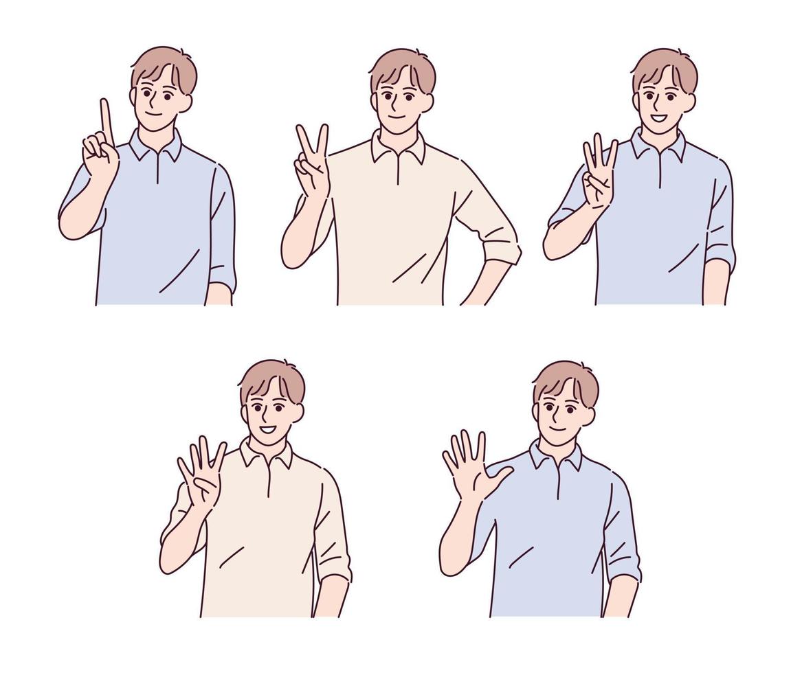 een man die met zijn vingers één tot vijf telt. hand getrokken stijl vector ontwerp illustraties.