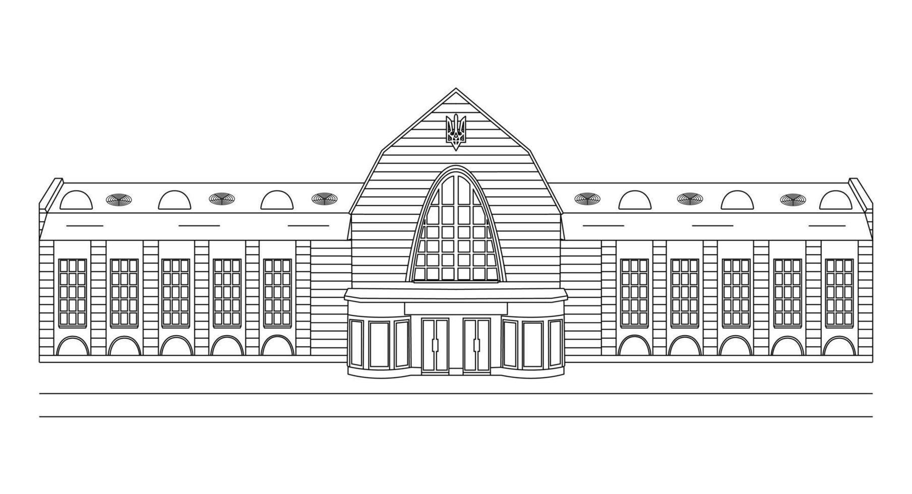 lineair tekening van een administratief gebouw - stad hal, spoorweg station, stad administratie, hotel, bank, politie, luchthaven, post kantoor, regering. vector