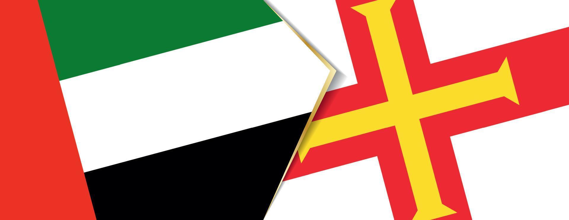 Verenigde Arabisch emiraten en Guernsey vlaggen, twee vector vlaggen.