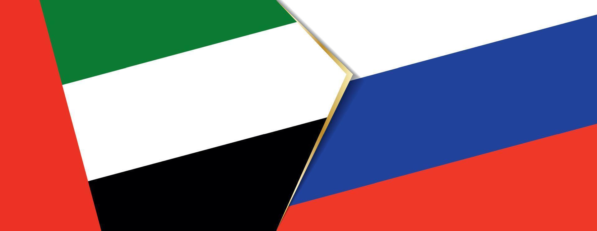 Verenigde Arabisch emiraten en Rusland vlaggen, twee vector vlaggen.