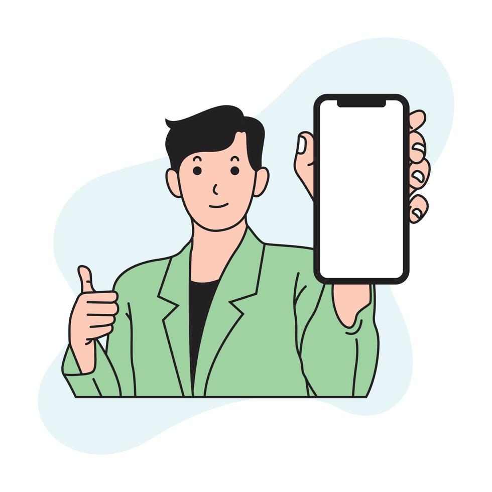 een Mens is Holding een cel telefoon naar de voorkant en duim in zijn Rechtsaf hand- vector