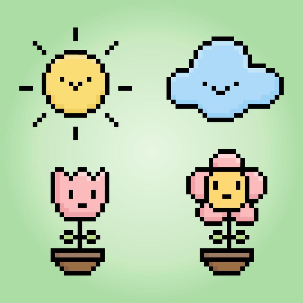 8 beetje pixel van natuur set, zon, wolk, tulp, bloem voor spel middelen en web icoon in vector illustraties.