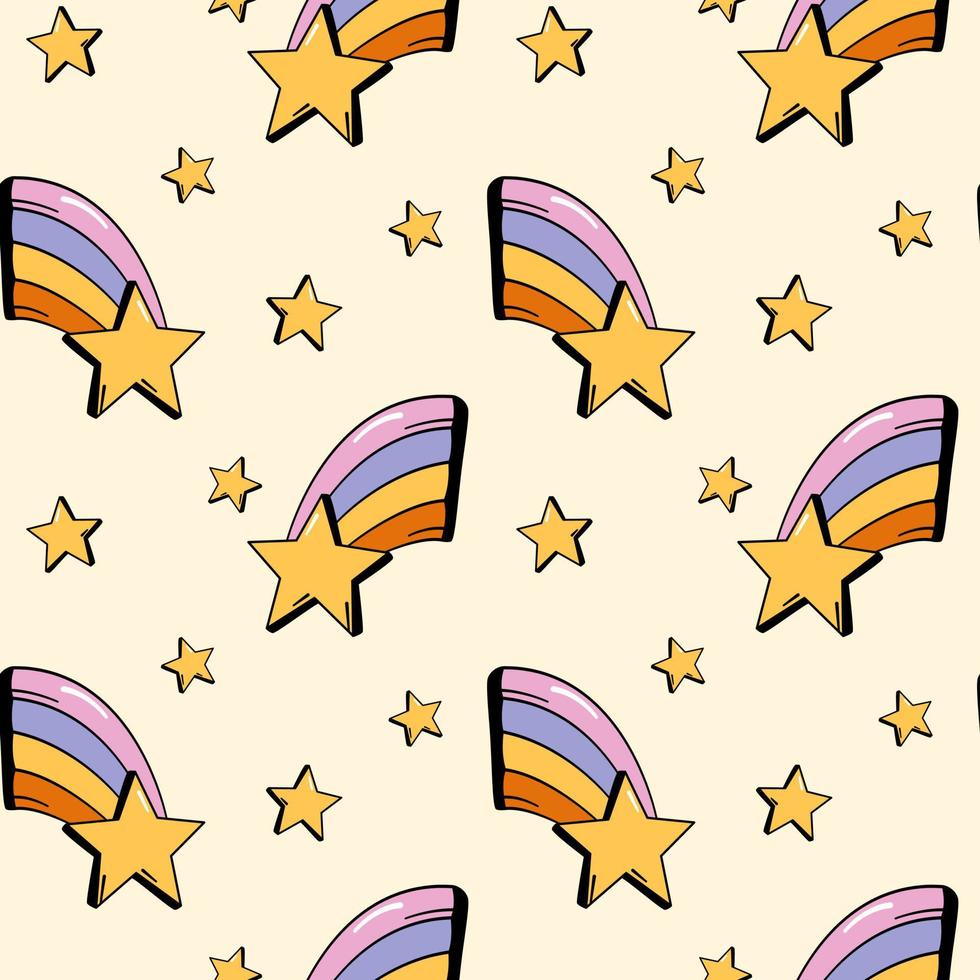 sterren en regenboog naadloos patroon of achtergrond ontwerp in jaren 70 retro stijl. groovy hand- getrokken tekening vector illustratie. warm kleur palet.