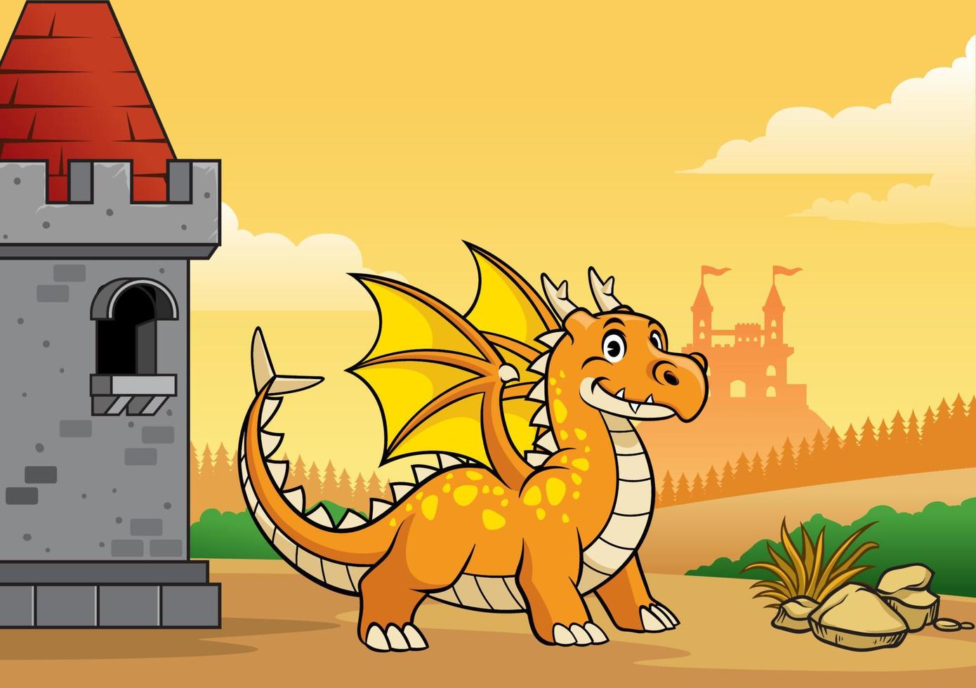 draak en kasteel met tekenfilm stijl vector