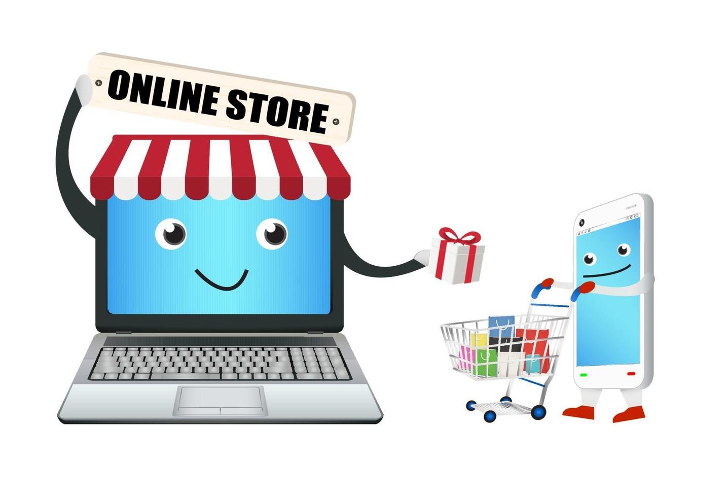 laptop online winkel met smartphone en winkelwagentje vector