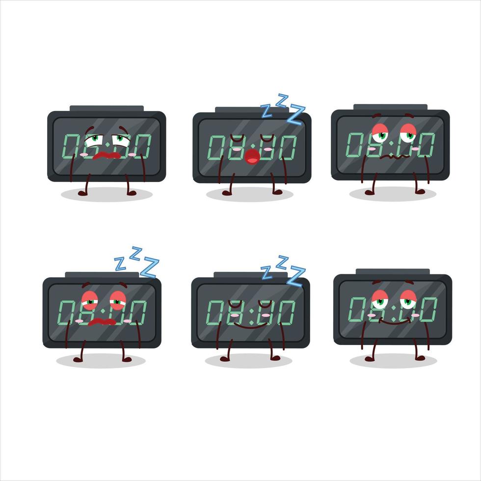 tekenfilm karakter van digitaal alarm klok met slaperig uitdrukking vector