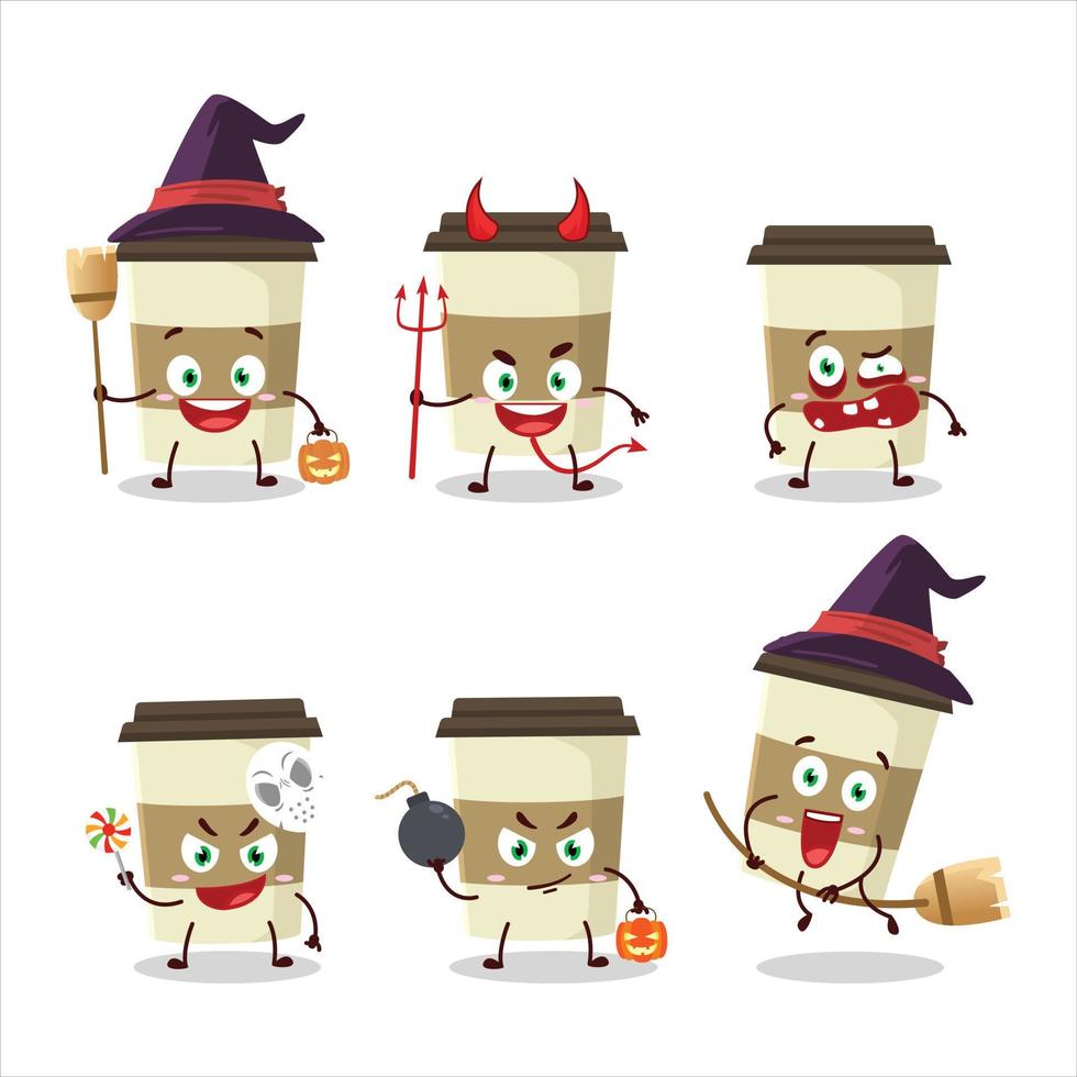 halloween uitdrukking emoticons met tekenfilm karakter van koffie kop vector