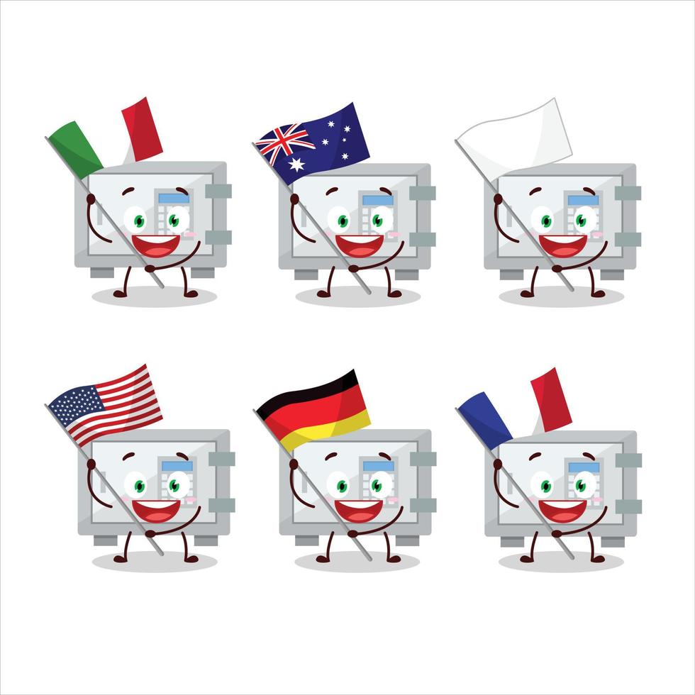 digitaal veilig doos tekenfilm karakter brengen de vlaggen van divers landen vector
