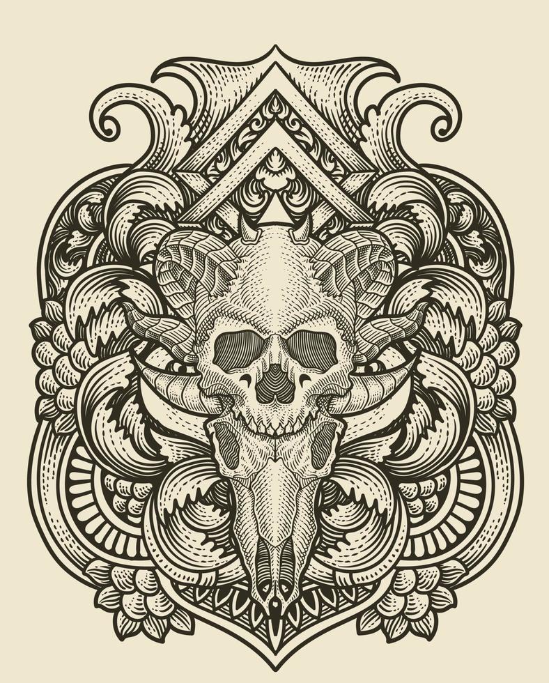 illustratie van demon schedel hoofd met wijnoogst gravure ornament in terug perfect voor uw bedrijf en handelswaar vector