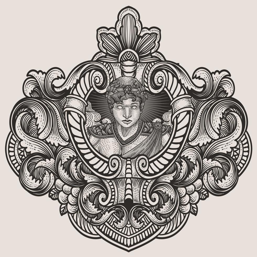 illustratie vector helios god van zon Grieks mythologie met wijnoogst gravure ornament kader perfect voor uw handelswaar en t overhemd