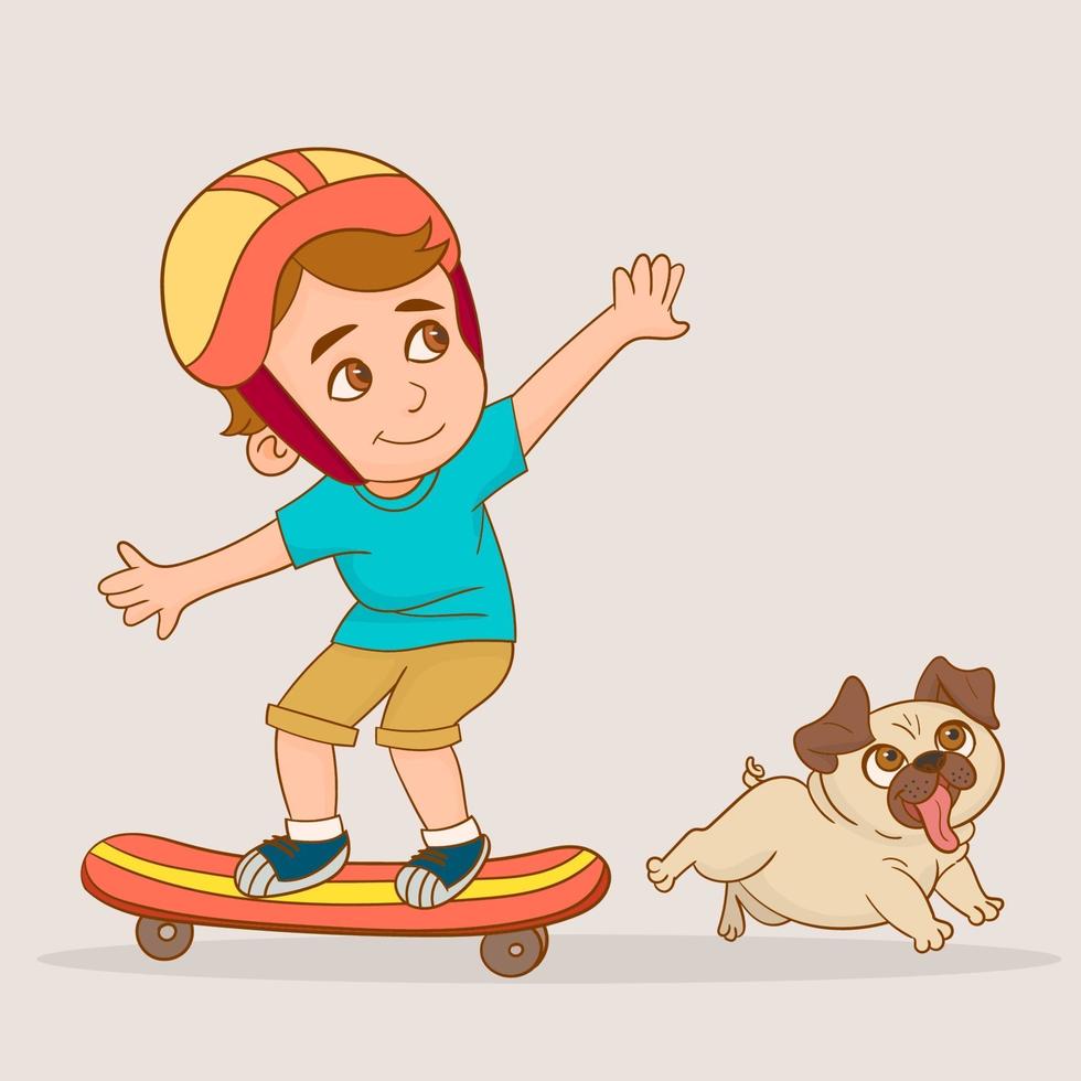 jongen skateboarden met zijn puppy vector