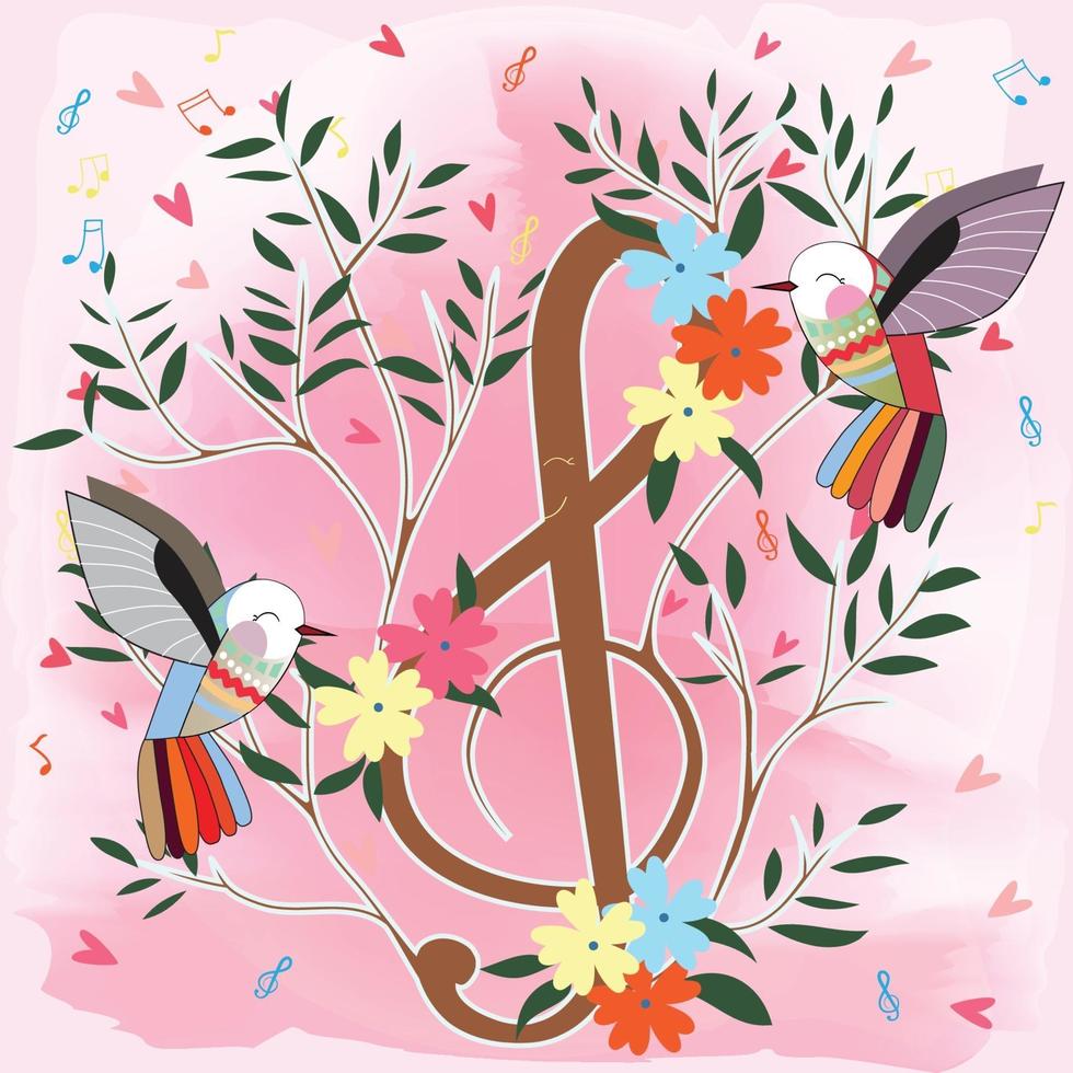 kleurrijke vogels en muzieknoot bloemboom vector
