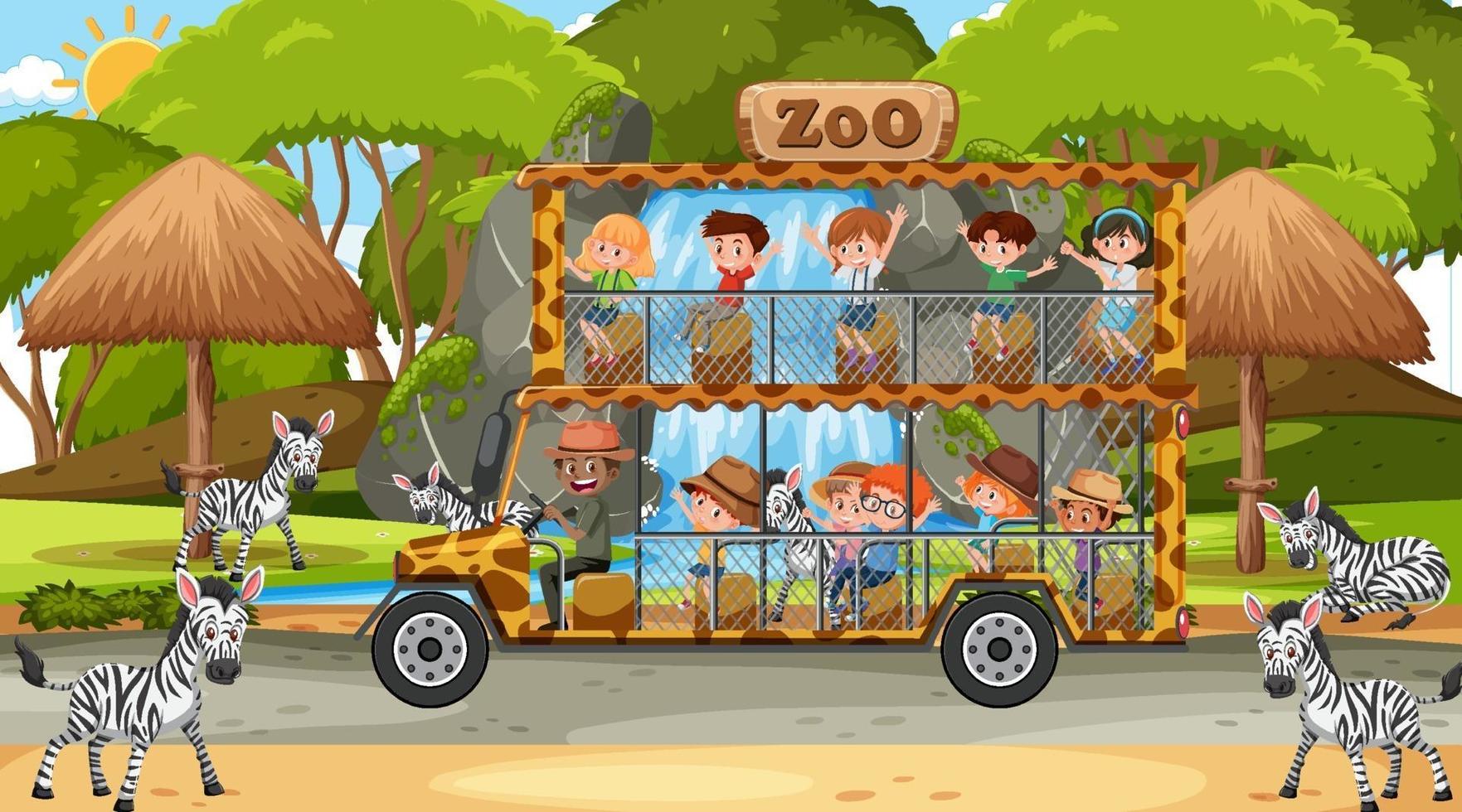 safari overdag met kinderen kijken naar zebra-groep vector