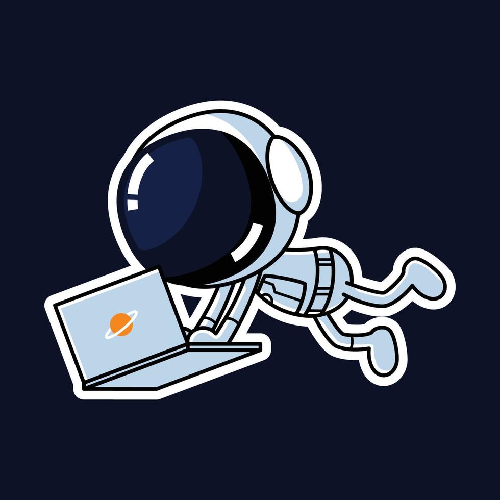 schattig astronaut tekenfilm karakter Aan laptop. premie vector grafisch Bedrijfsmiddel.