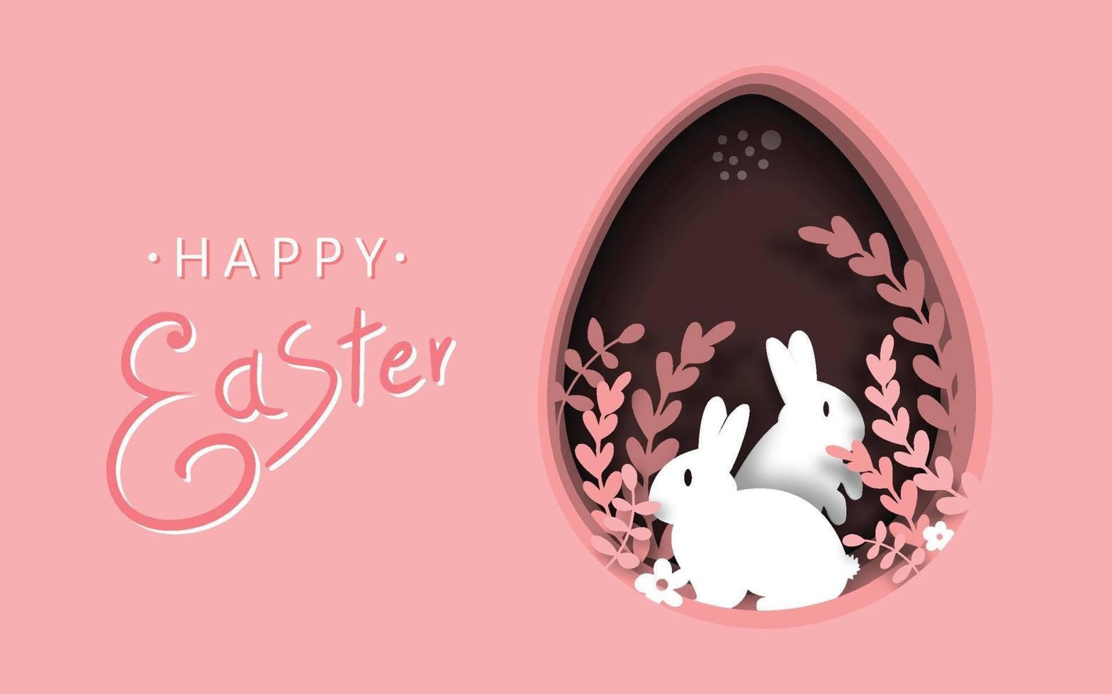 gelukkig Pasen groet kaart sjabloon. papier besnoeiing illustratie van Pasen konijnen, gras, bloemen en ei vorm geven aan. vector