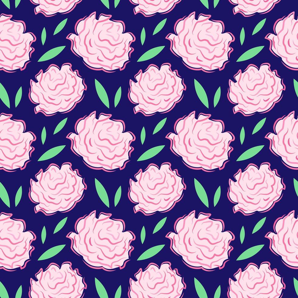 bloemen naadloos patroon. vector illustratie van roze pioenen en rozen met groen bladeren. donker achtergrond met fabriek elementen.