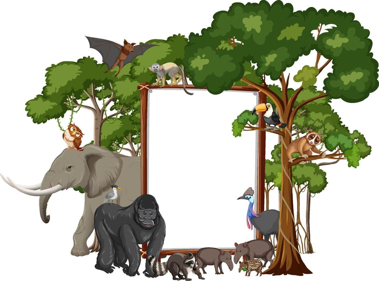 lege banner met wilde dieren en regenwoudbomen op witte achtergrond vector