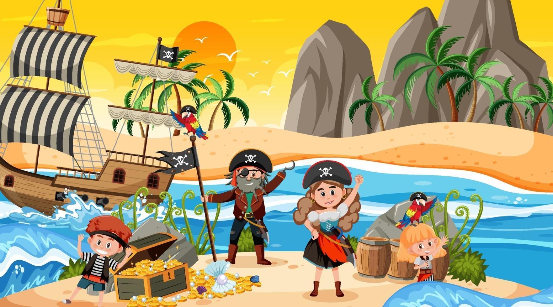 Treasure Island-scène in zonsondergangtijd met piratenkinderen vector