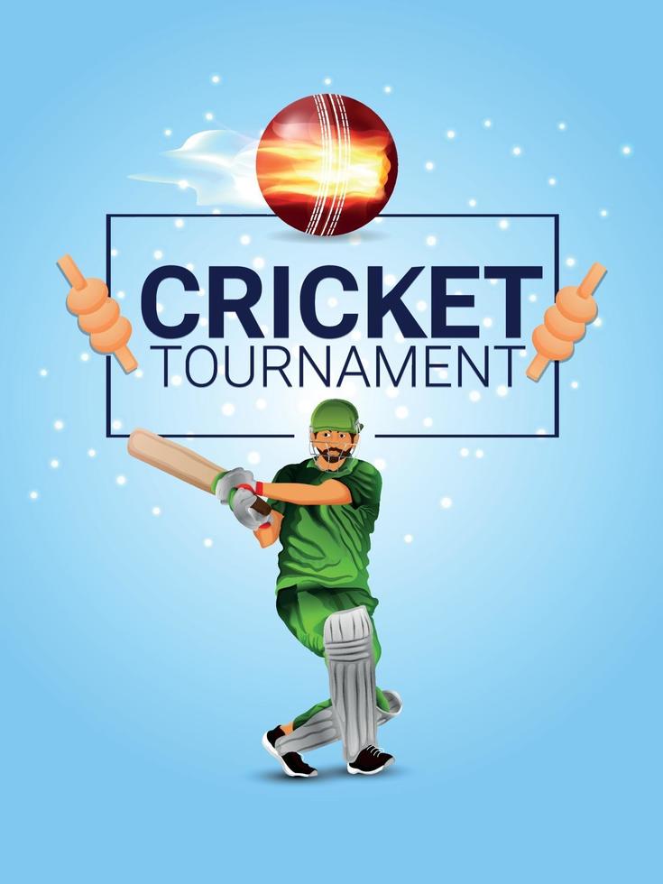 cricket kampioenschapswedstrijd met vectorillustratie van cricketspeler en vuurbal vector