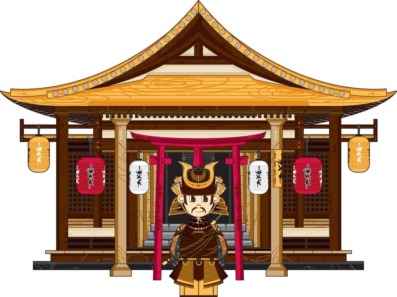 tekenfilm Japans samurai krijger buiten oude tempel geschiedenis illustratie vector