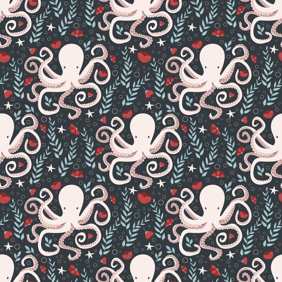 Octopus en bloemen. vector illustratie, naadloos patroon