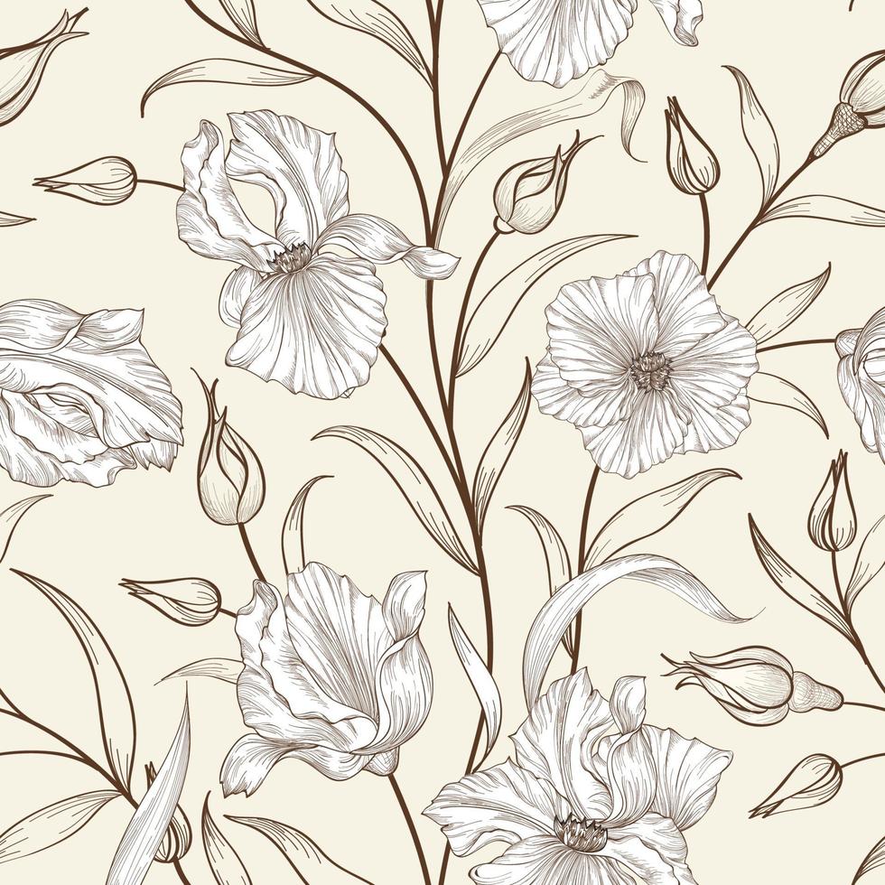 naadloze bloemmotief. bloeien betegelde achtergrond. schetstekening ornament met bloemen iris vector