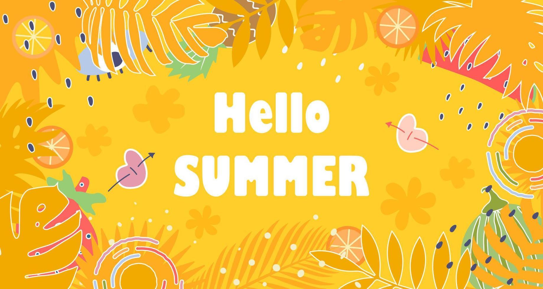 kleurrijk zomer achtergrond lay-out banners ontwerp. horizontaal poster, groet kaart, hoofd voor website. de opschrift Hallo zomer Aan een geel achtergrond.vector vector