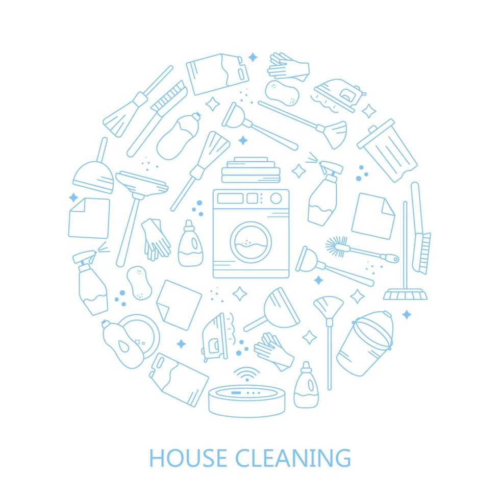 vector modieus vlak schoonmaak icoon reeks in een cirkel. vereist uitrusting voor schoonmaak binnenshuis en buitenshuis. huishouden huishoudelijke apparaten voor schoonmaak.pictogrammen in een blauw beroerte Aan een wit achtergrond.