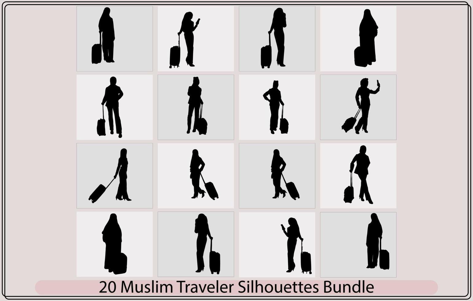 Arabisch Mens in reizen silhouet bundel, de moslim reiziger familie reizen in ramadan, moslim meisje zelf onafhankelijk Dames reizend, vector