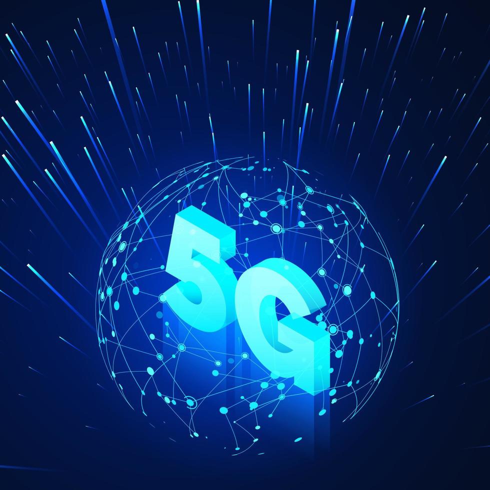 hoog snelheid 5g globaal mobiel netwerken. bedrijf isometrische illustratie globaal netwerk hologram en tekst 5g. modern gegevens overdracht technologie. draadloze web. vector