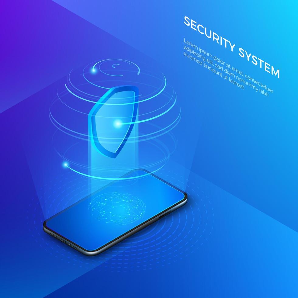 veiligheid en bescherming privaat gegevens. mobiel telefoon met schild hologram veiligheid systeem concept. vector isometrische illustratie